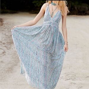 Calypso St. Barths Benta 100% Silk Maxi Dress Striped Rare white blue teal XS